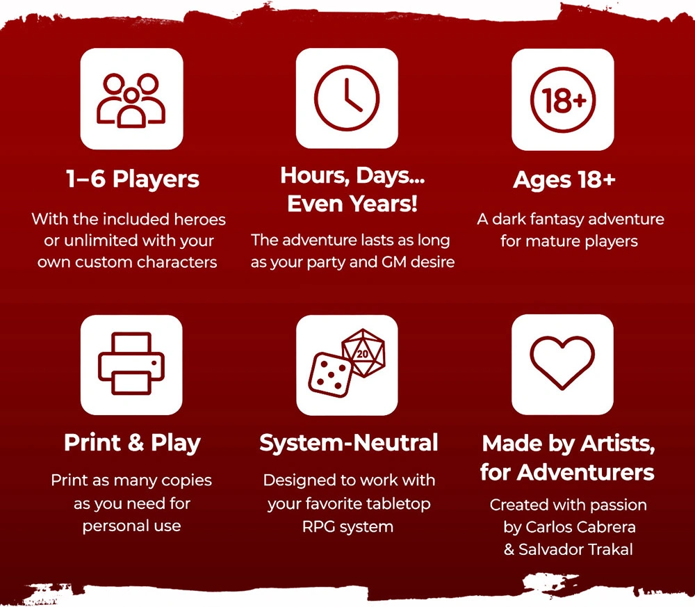 1–6 players with the included heroes; flexible adventure length; ages 18 and up; print and play for personal use; system-neutral; made by Carlos Cabrera and Salvador Trakal.