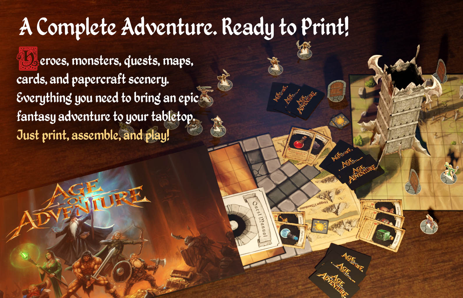 Age of Adventure printable collection with heroes, monsters, maps, cards and scenery